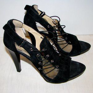 Authentic Michael Kors High Heels Jillian Open Toe Black Suede Shoes (Size 9)